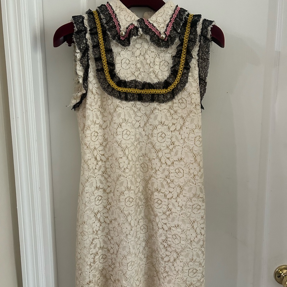 Gucci Cream and Black Lace Dress with Pink Detail